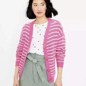 LOFT pink‎ striped button up v-neck oversized cardigan sweater L